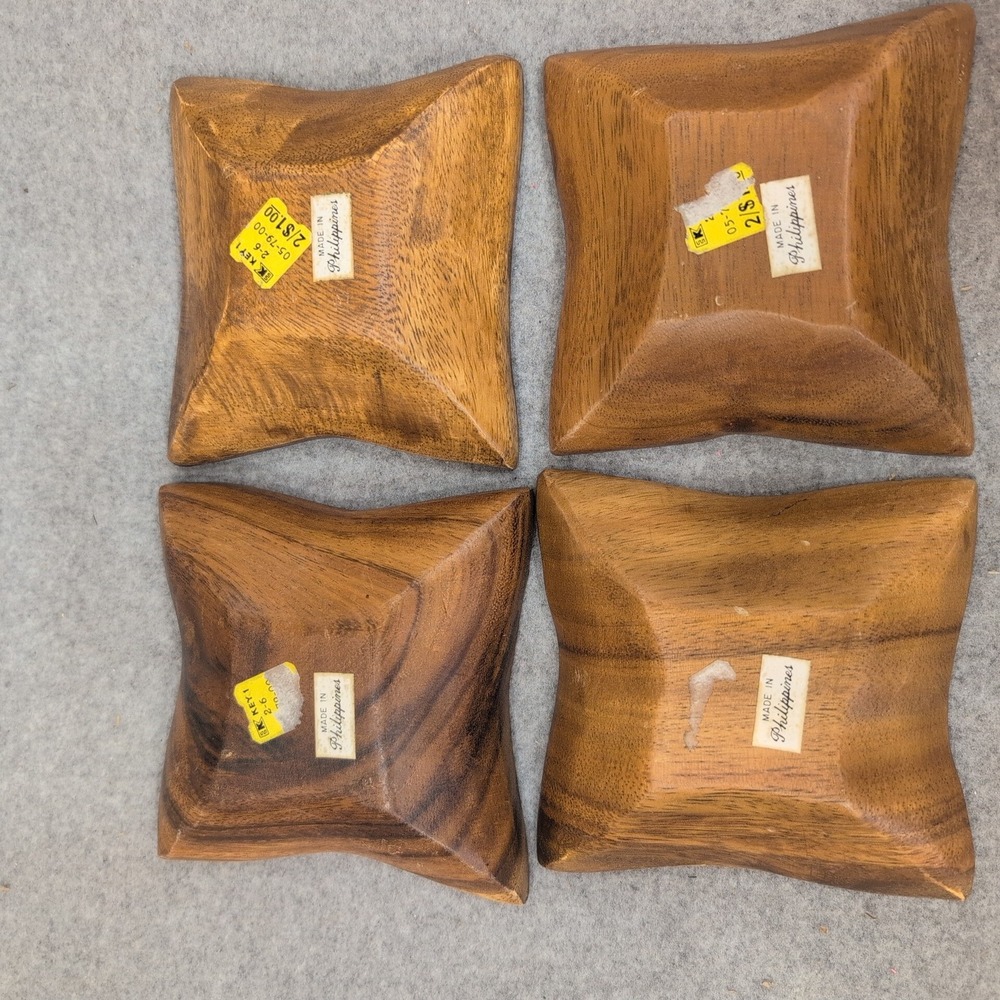 Vintage Acacia Wood Clover Snack Bowls Set of 4 Made in Philippines MCM - Picture 5 of 5
